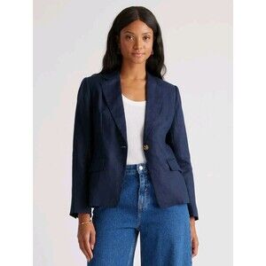 Quince European Linen Structured Blazer Navy Blue Women Single Button Workwear